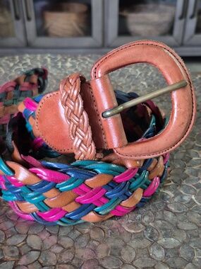 Braided Multicolor Leather Belt - Brown, Teal & Pink